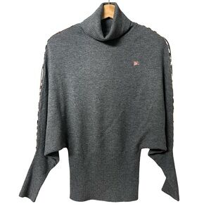 Burberry Gray Turtleneck Batwing Sweater with Pink Logo Detail